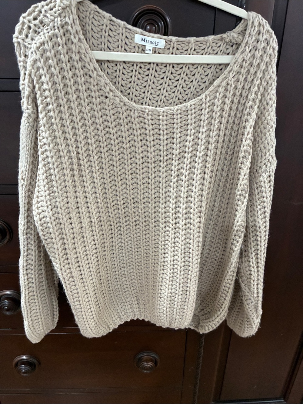 Miracle Chunky Scoop-Neck Knit Sweater in Taupe